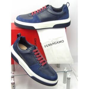 NIB FERRAGAMO CASSINA BLUE LEATHER LOGO LACE UP SNEAKERS 9 M ITALY